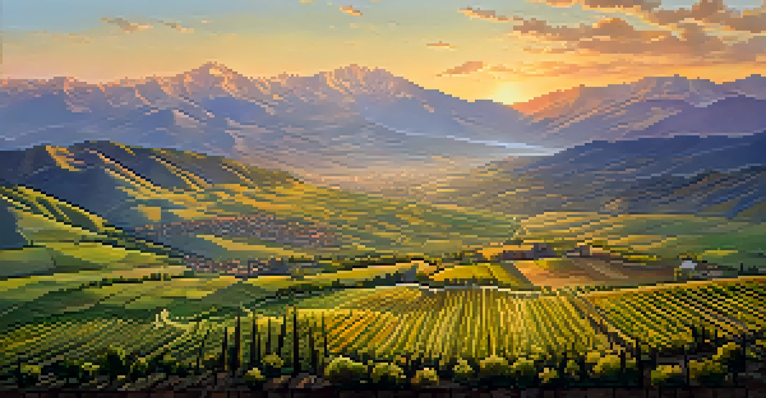 An aerial view of a valley with vineyards at sunset and mountains in the background, showcasing warm sunset colors.