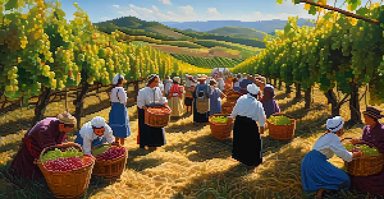 Locals in traditional clothing harvesting grapes in a vineyard during the Grape Harvest Festival, surrounded by scenic hills and a blue sky.