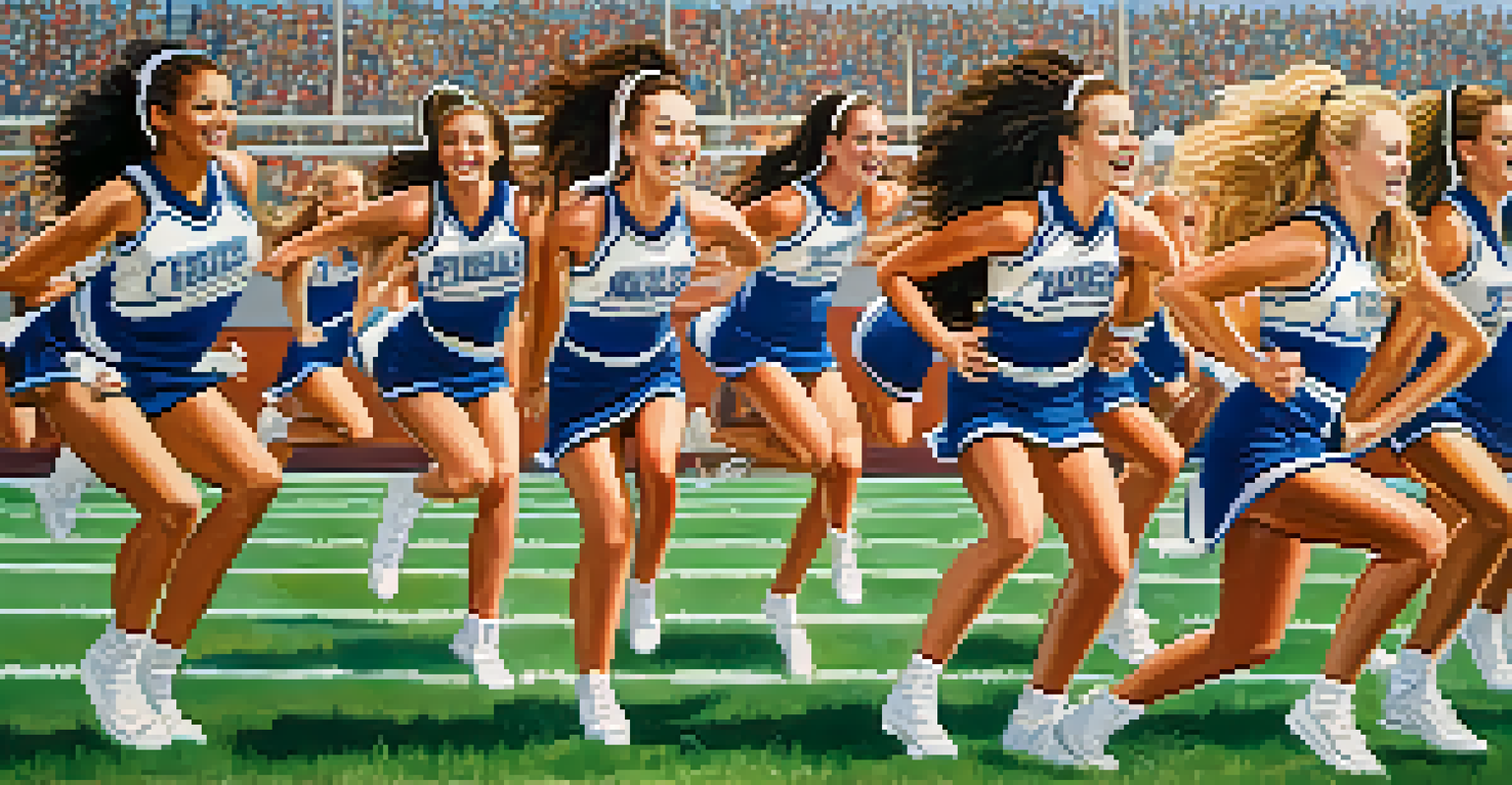 High school cheerleaders performing a routine on the sidelines, with players and a football field in the background.