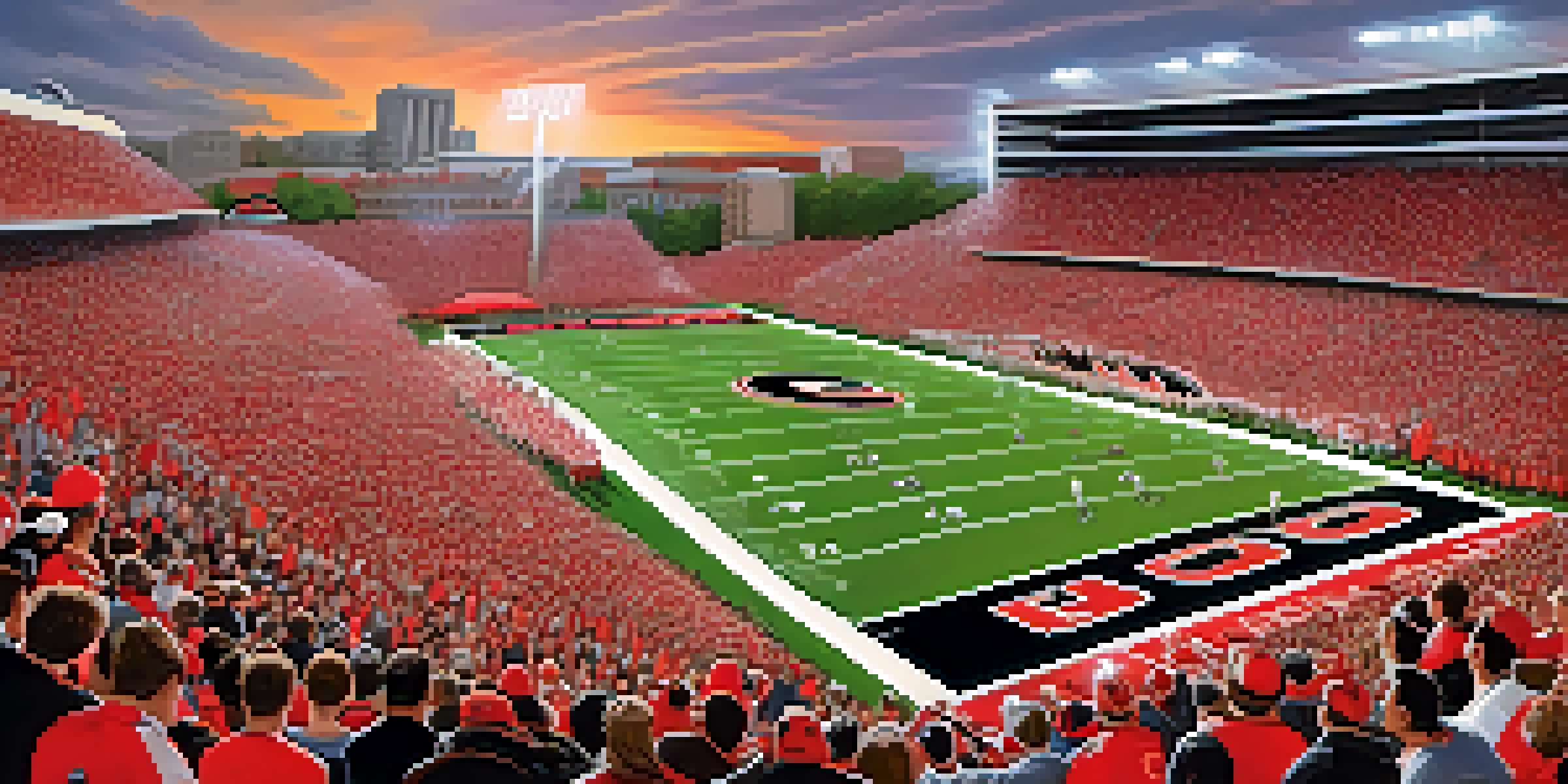 A lively college football stadium filled with fans in red and black, players in action on the field, and colorful banners.