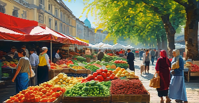 A bustling outdoor market in Tbilisi, Georgia, with colorful stalls and fresh produce under warm sunlight.