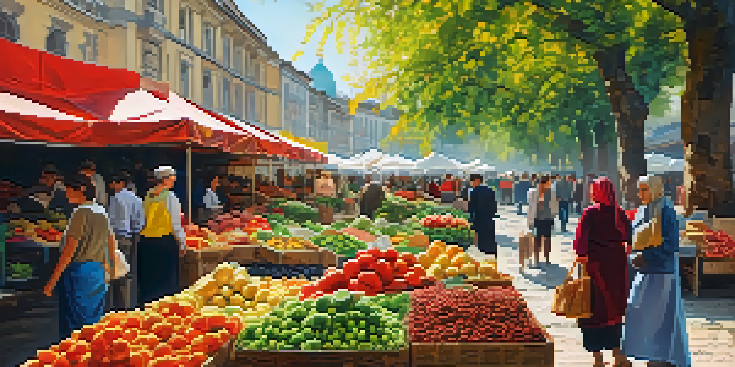 A bustling outdoor market in Tbilisi, Georgia, with colorful stalls and fresh produce under warm sunlight.