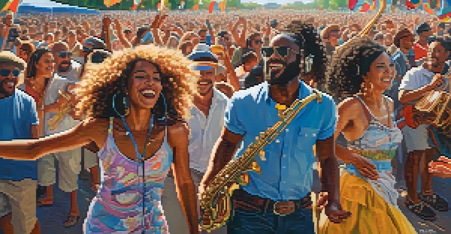 A vibrant music festival in Georgia with people dancing and musicians performing on stage under the sun.