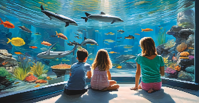 Families at the Georgia Aquarium interacting with a touch pool, colorful fish swimming in large glass tanks, and a sea otter in the background.