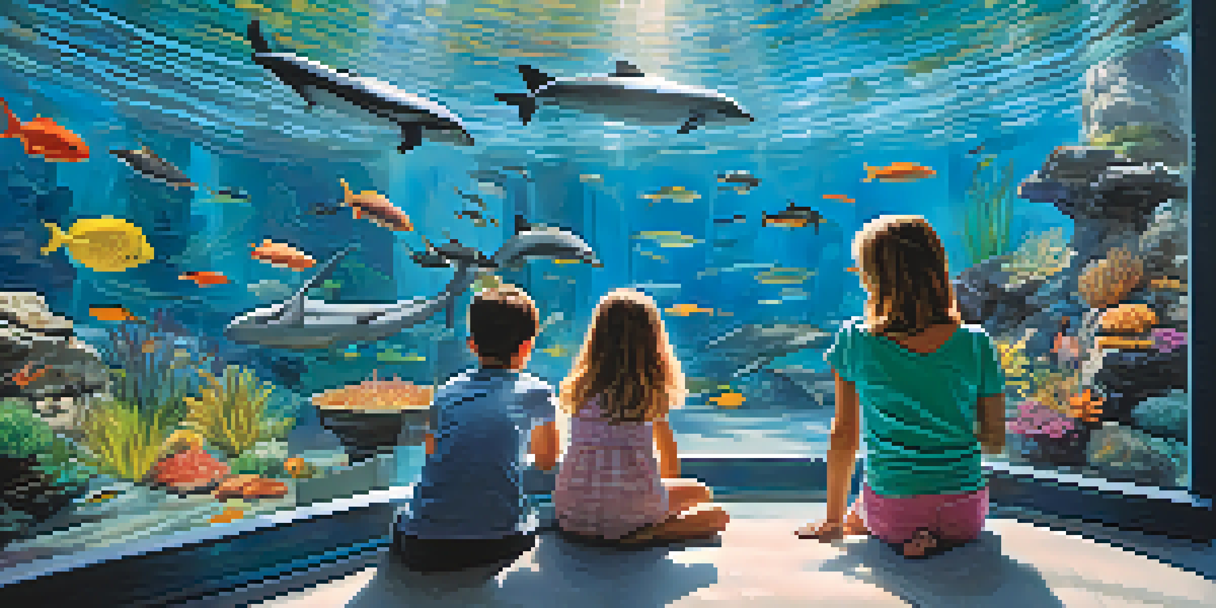 Families at the Georgia Aquarium interacting with a touch pool, colorful fish swimming in large glass tanks, and a sea otter in the background.