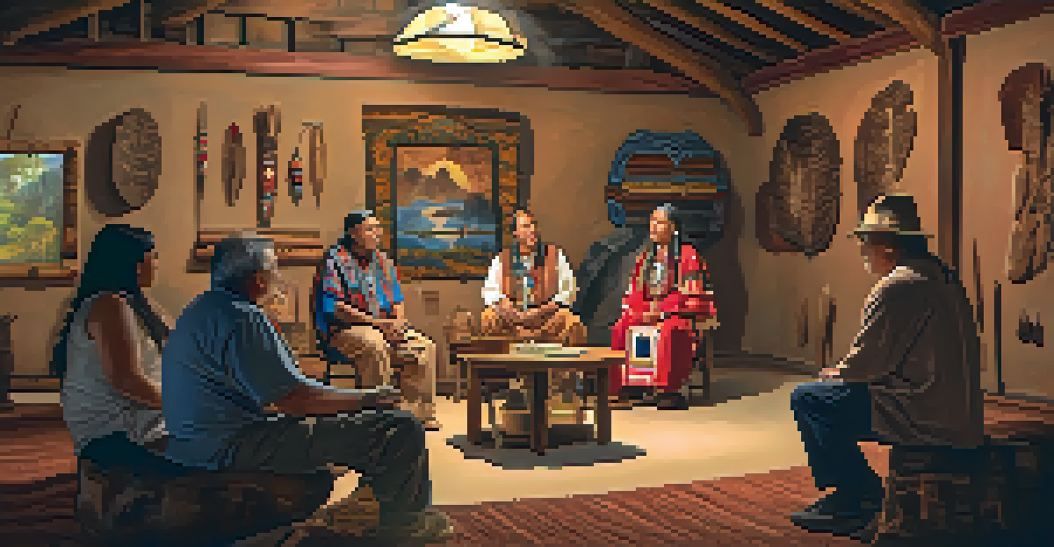 A Native American elder sharing stories with visitors inside the Cherokee Heritage Center, surrounded by artifacts and art.