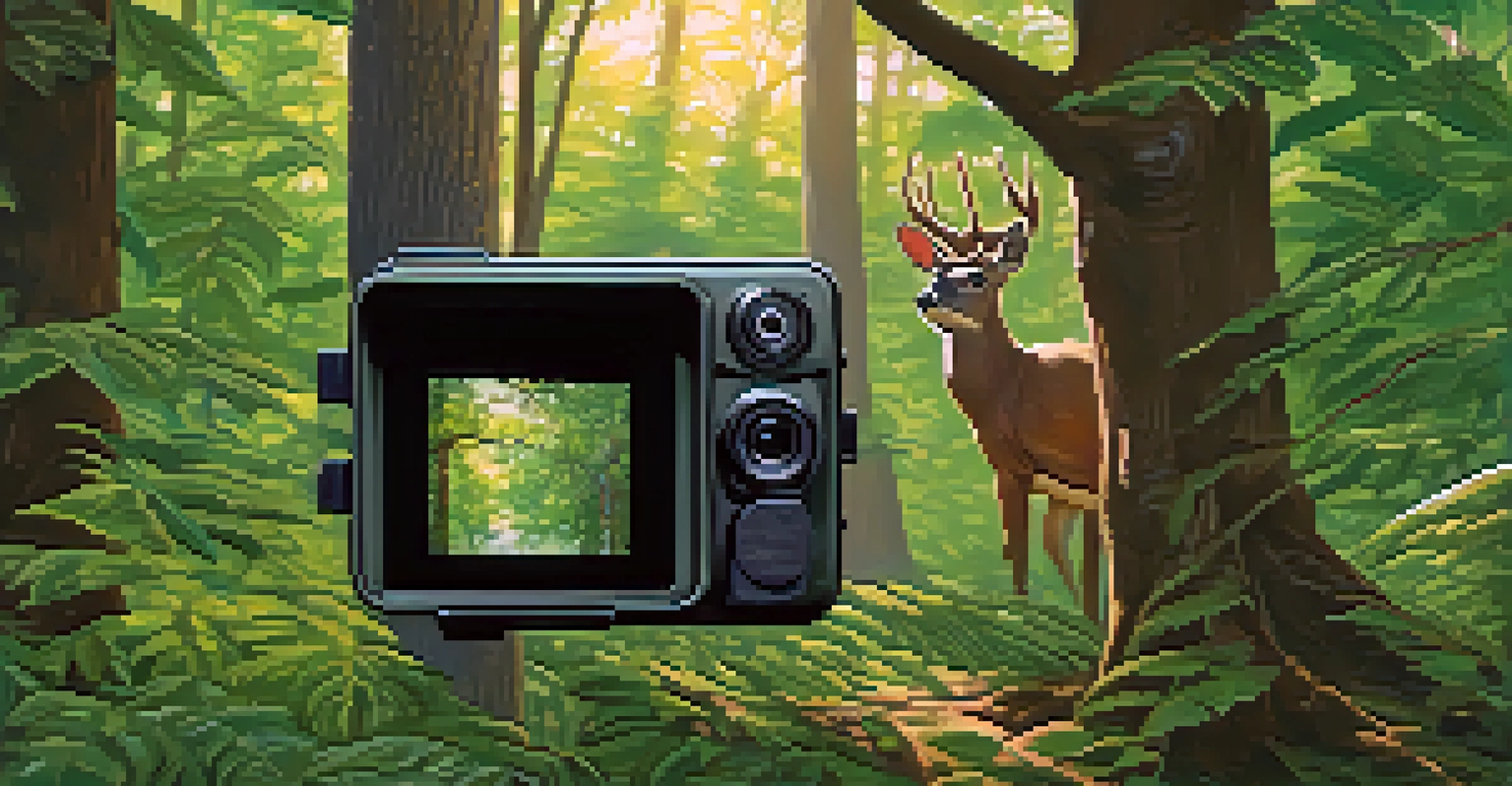 A camera trap on a tree capturing a curious deer in a lush, green environment, illuminated by soft natural light.