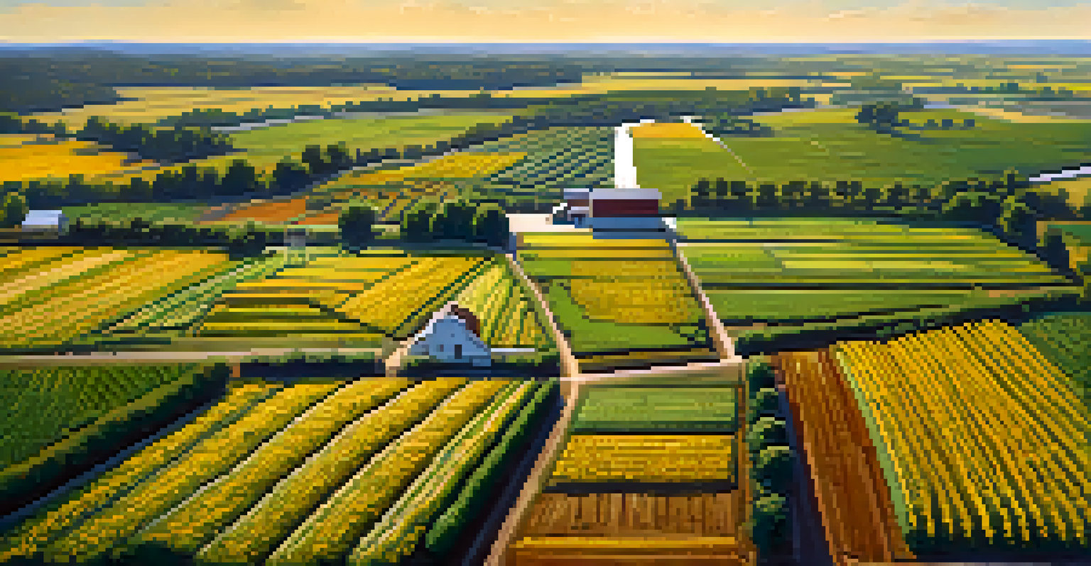 Aerial view of a colorful Georgia farm with various crops and irrigation systems under a bright blue sky.