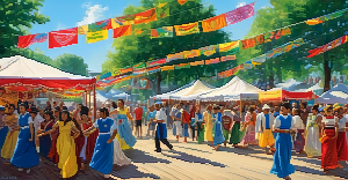 A lively festival in Georgia with people from various cultures celebrating together, surrounded by colorful decorations and food stands.