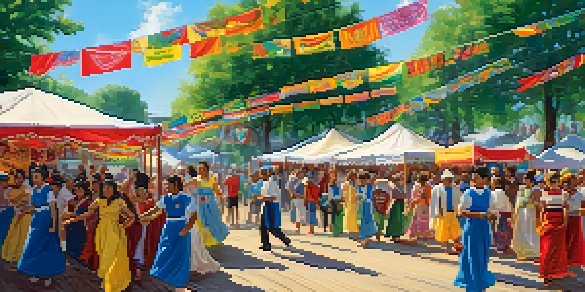 A lively festival in Georgia with people from various cultures celebrating together, surrounded by colorful decorations and food stands.