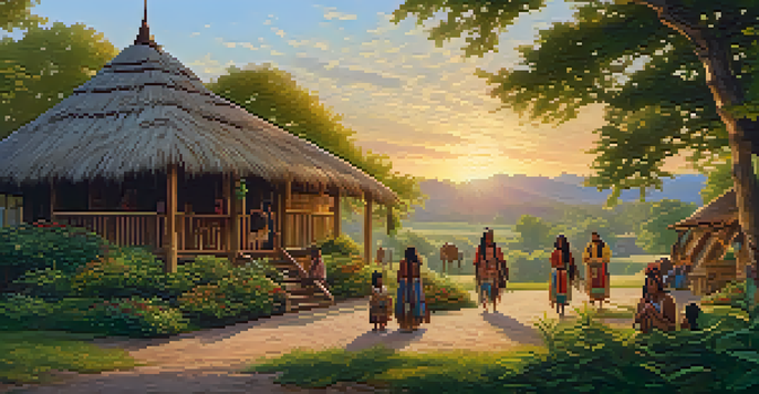 A tranquil sunset scene depicting a Native American community in Georgia with traditional buildings and individuals in traditional attire.
