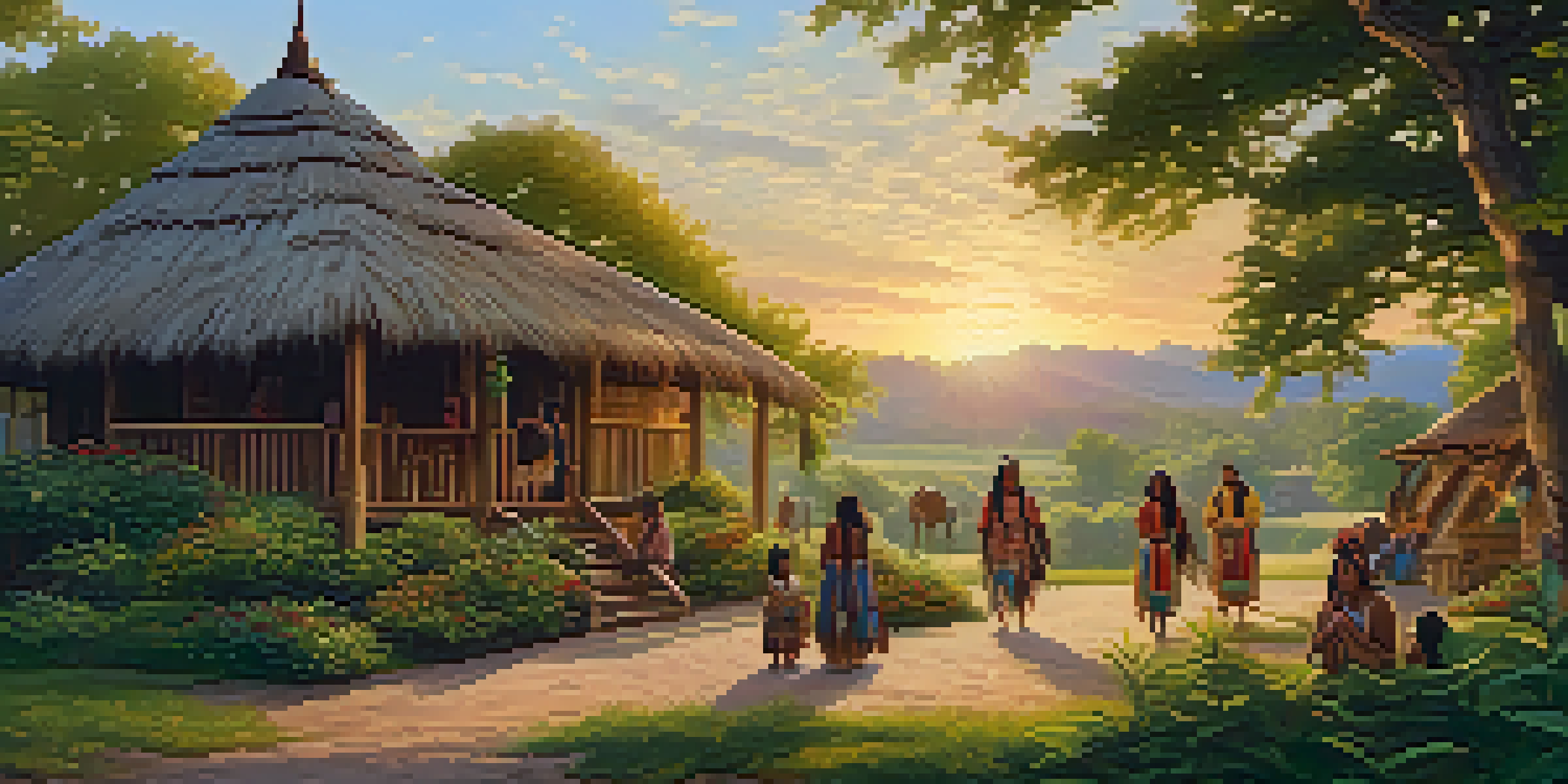A tranquil sunset scene depicting a Native American community in Georgia with traditional buildings and individuals in traditional attire.