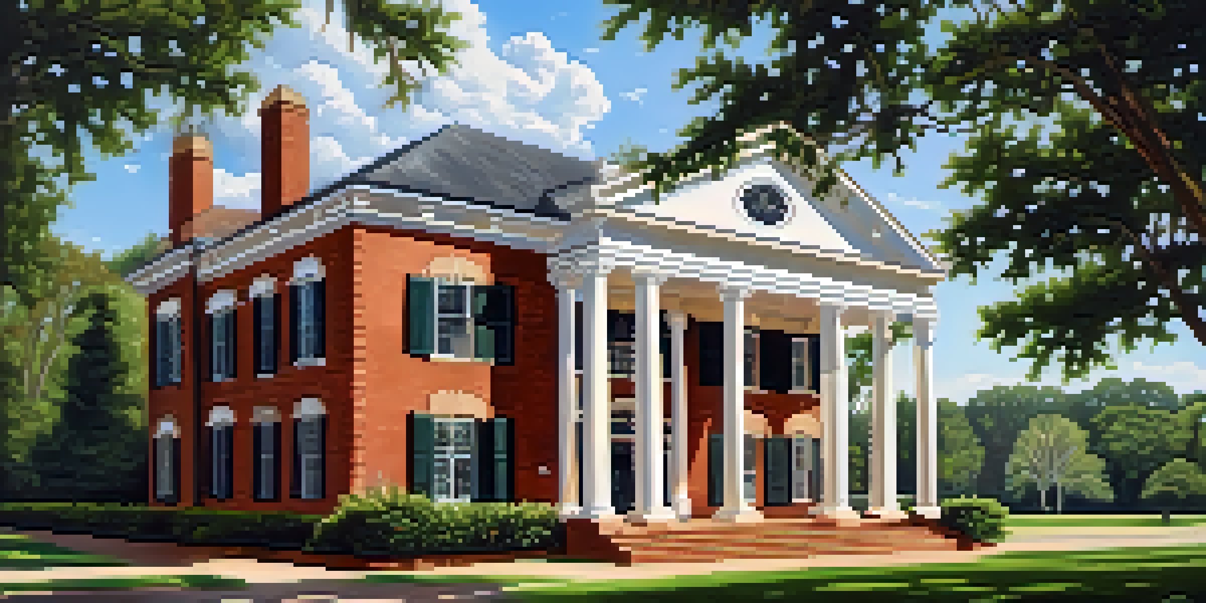 A historic building in Georgia featuring Colonial and Southern architectural styles, surrounded by trees under a clear sky.