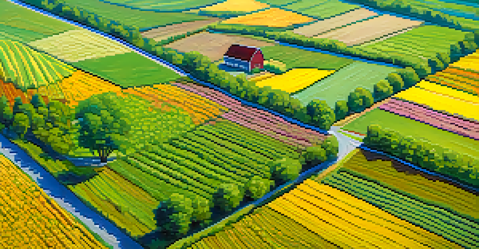 An aerial view of a diverse Georgia farm with colorful crops and wildflowers, showcasing the beauty of agricultural land.