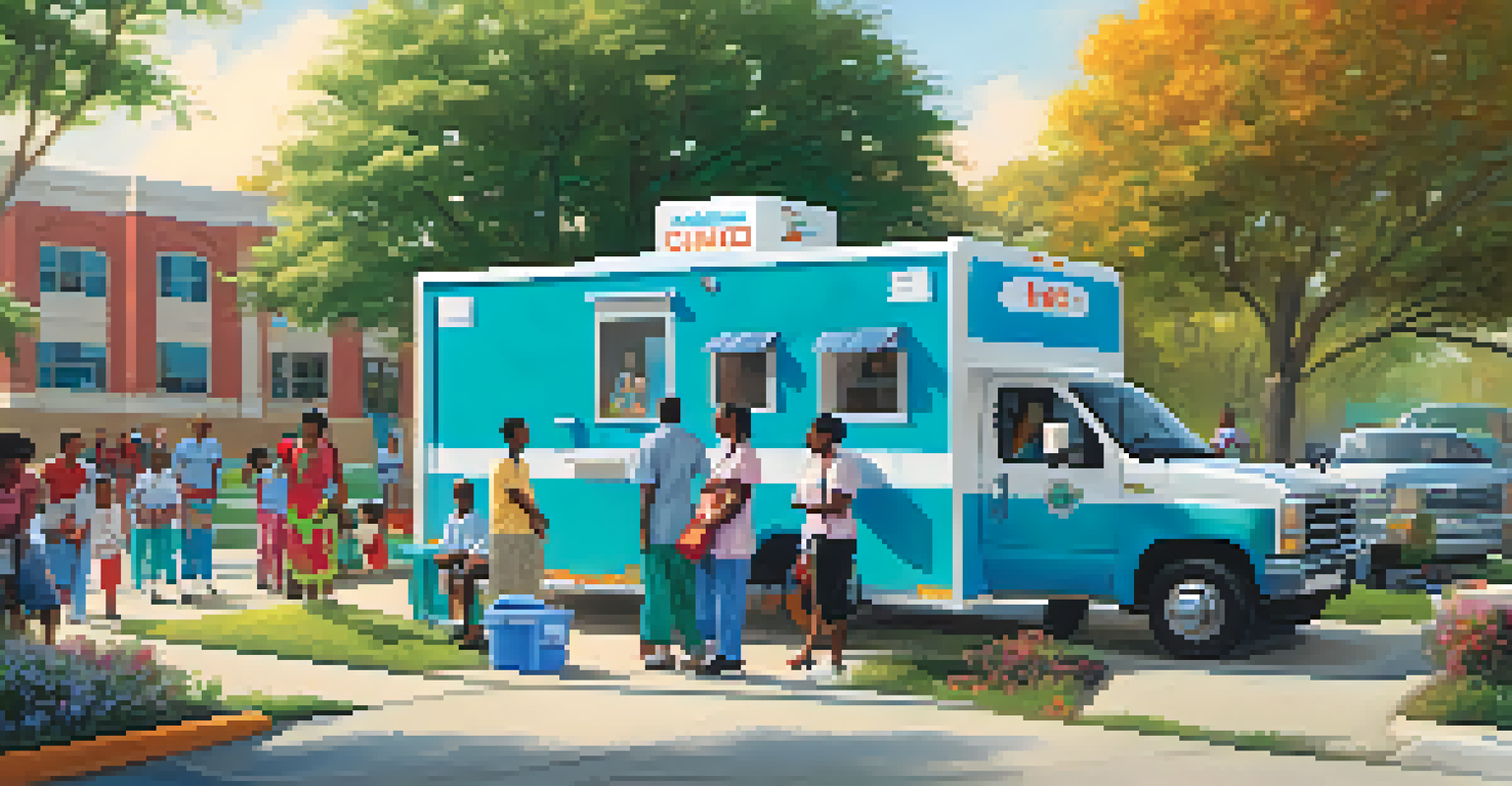 A mobile health clinic in a neighborhood providing healthcare services, with families and children enjoying the outdoors.