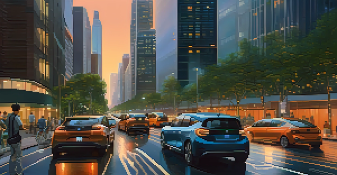 A vibrant urban landscape featuring skyscrapers, smart traffic lights, and people interacting with technology during sunset.