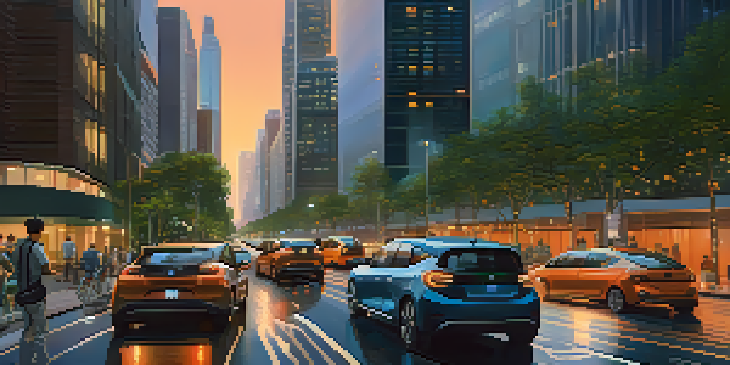A vibrant urban landscape featuring skyscrapers, smart traffic lights, and people interacting with technology during sunset.