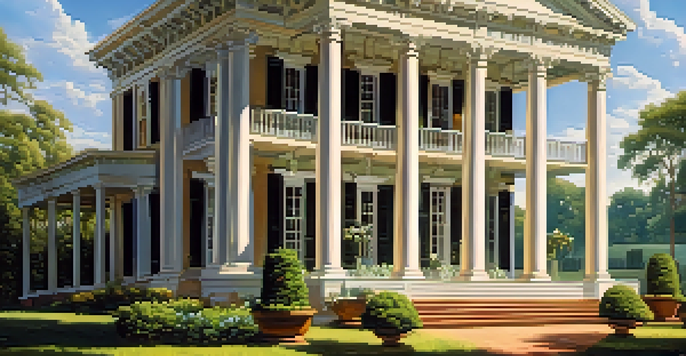 A historic Georgian plantation with a white mansion, cotton fields, and a clear sky during the 19th century.