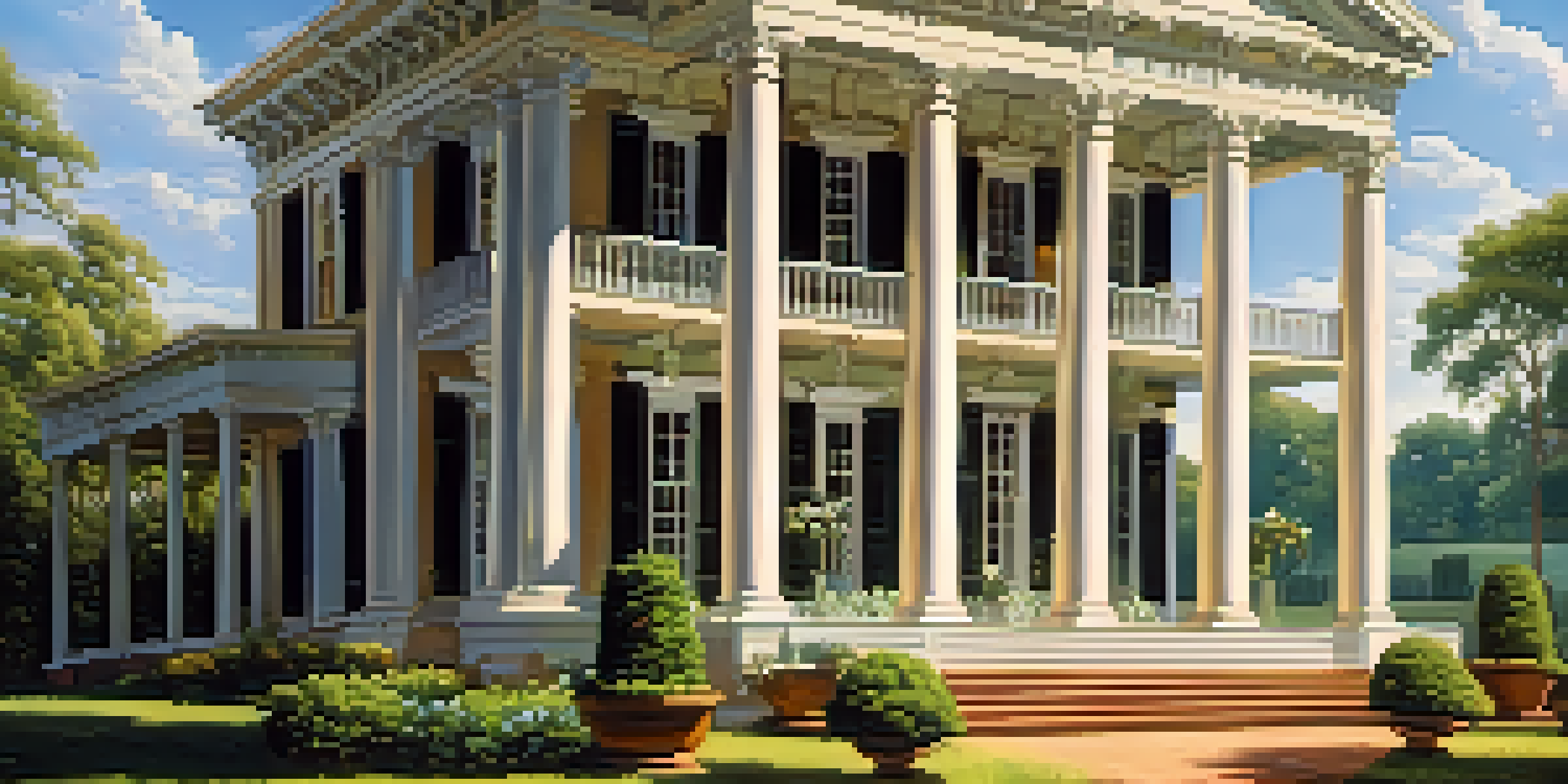 A historic Georgian plantation with a white mansion, cotton fields, and a clear sky during the 19th century.