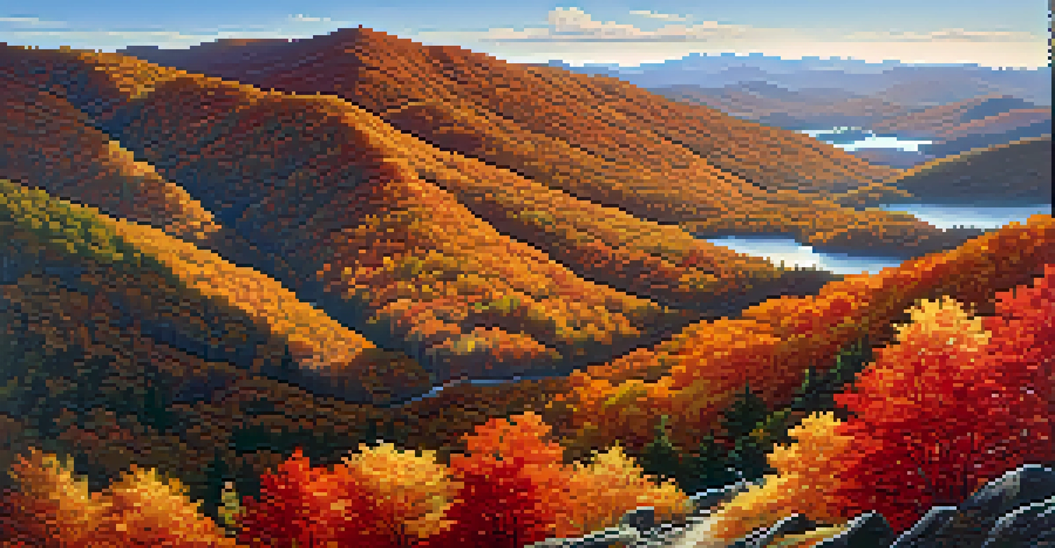 An autumn landscape of the Blue Ridge Mountains with colorful foliage and a hiking trail under a clear blue sky.