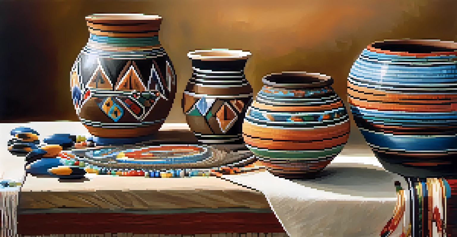 Close-up of colorful Native American pottery and beadwork on a wooden table, showcasing intricate designs and textures.