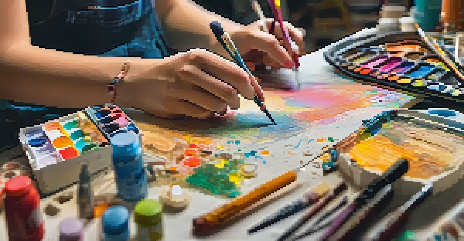 A close-up of a student's hands working on a mixed-media art piece, surrounded by colorful supplies and tools, highlighting the artistic process and creativity.