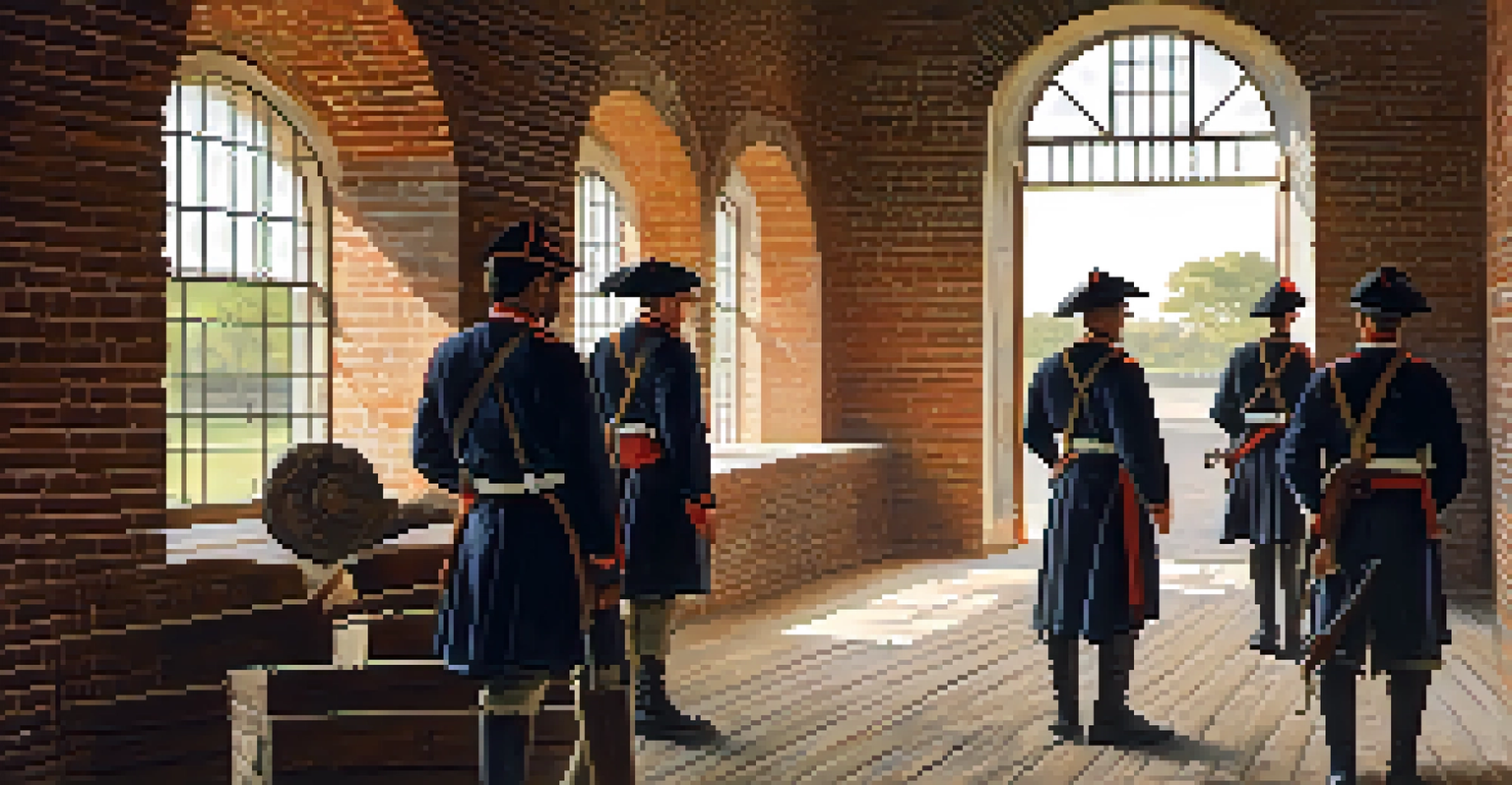 Interior view of Fort Pulaski with soldiers in historical uniforms performing daily tasks, surrounded by cannons and natural light.