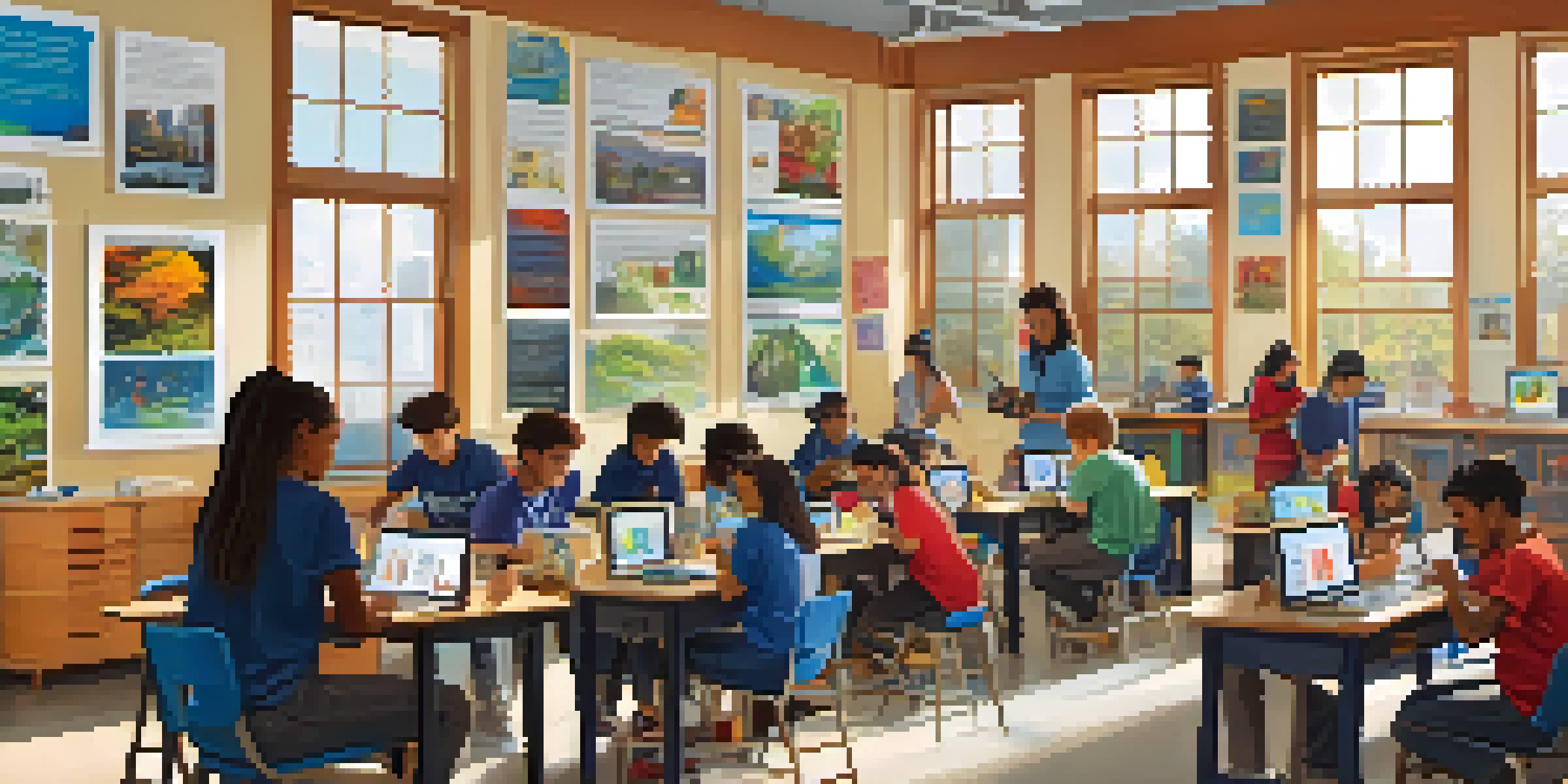 A diverse group of students in a bright classroom, collaborating on a STEM project with robotics kits and laptops.