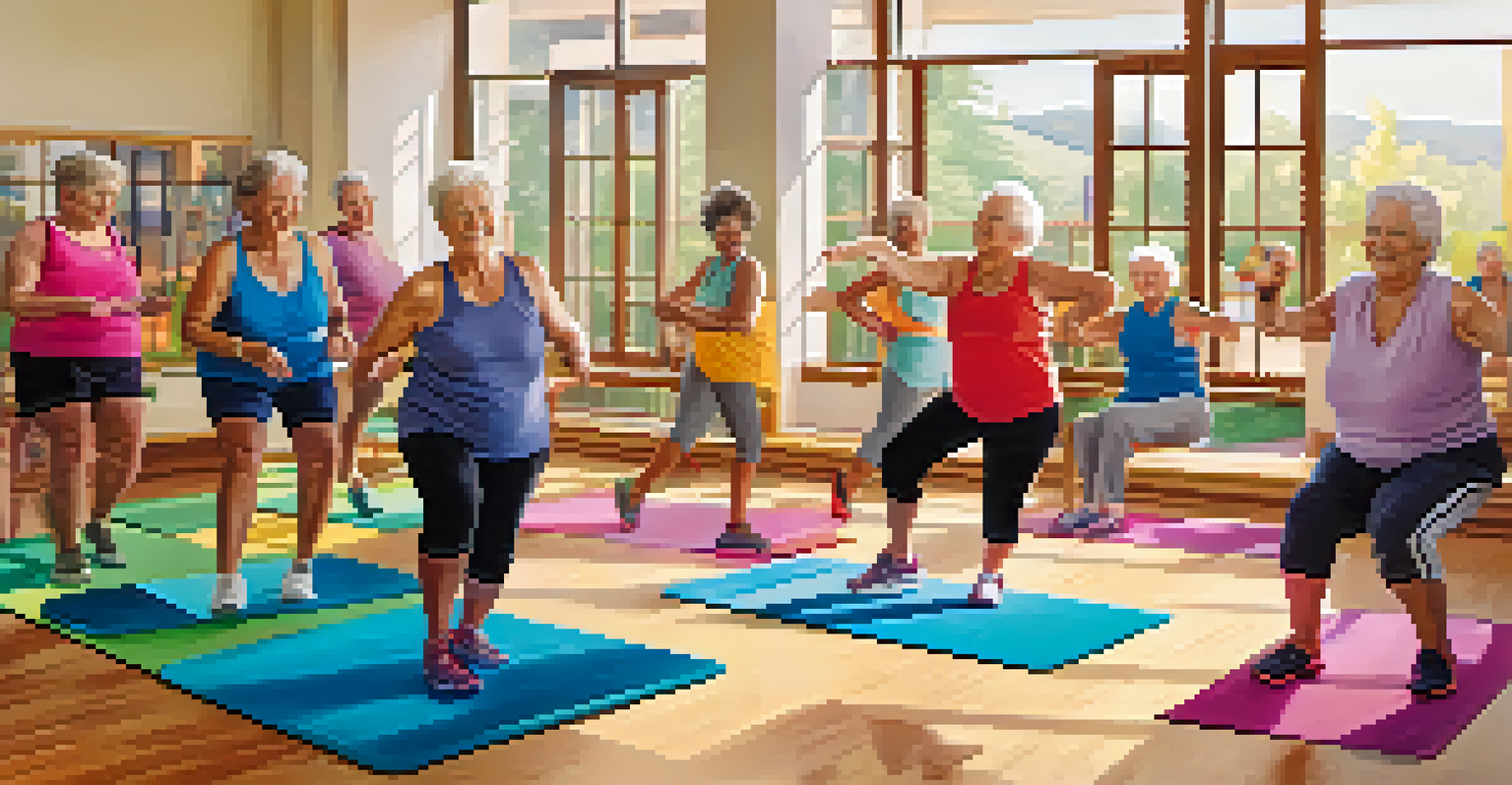 Seniors happily engaged in a fitness class at a community center, with sunlight streaming through large windows.