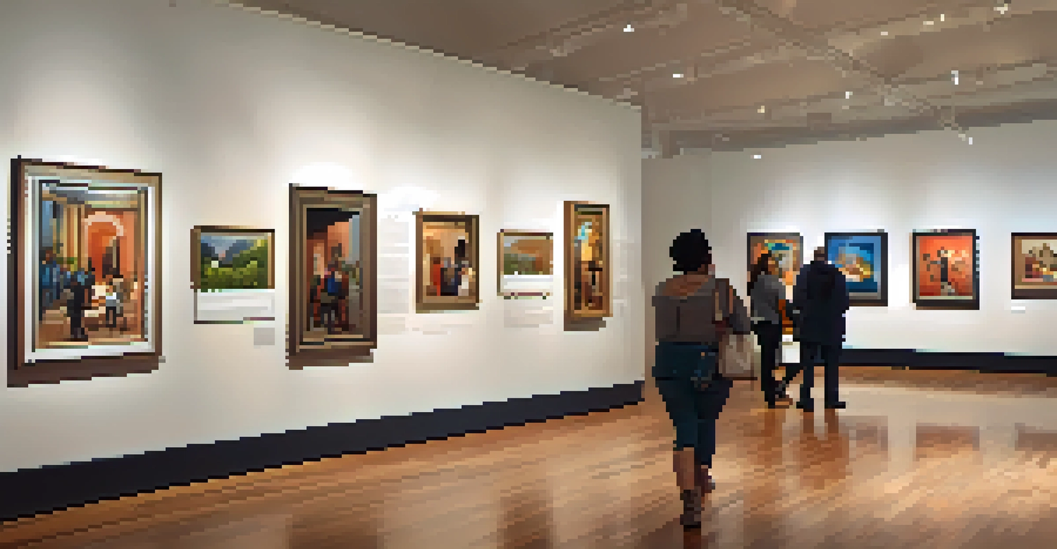 An art exhibition showcasing Hispanic artists' works, with people discussing the displayed art.