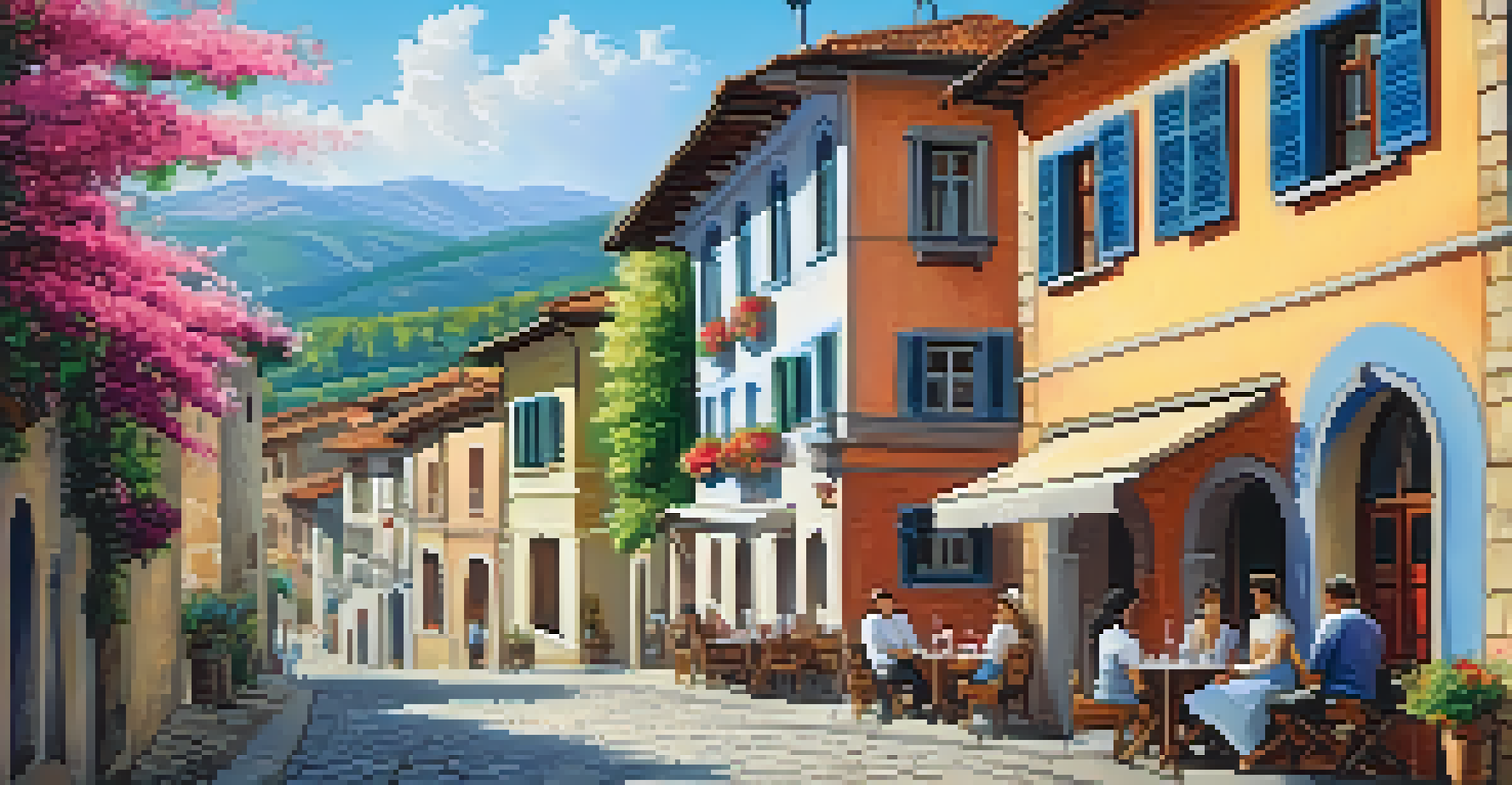 A picturesque street in Sighnaghi, filled with colorful houses and blooming flowers, overlooking the Alazani Valley.