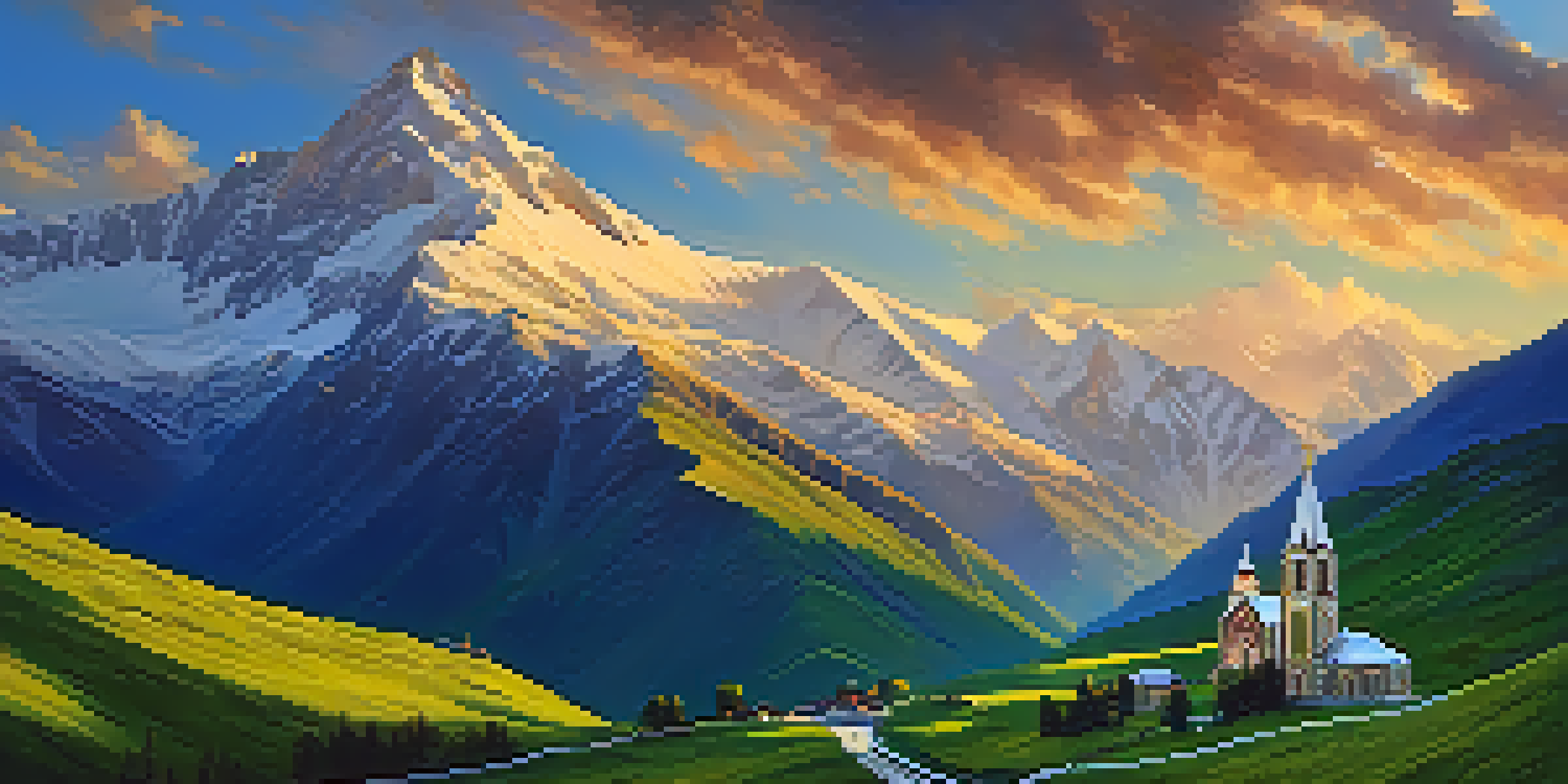 A scenic landscape of Kazbegi National Park with Gergeti Trinity Church on a hill, surrounded by snowy mountains and green valleys at sunset.