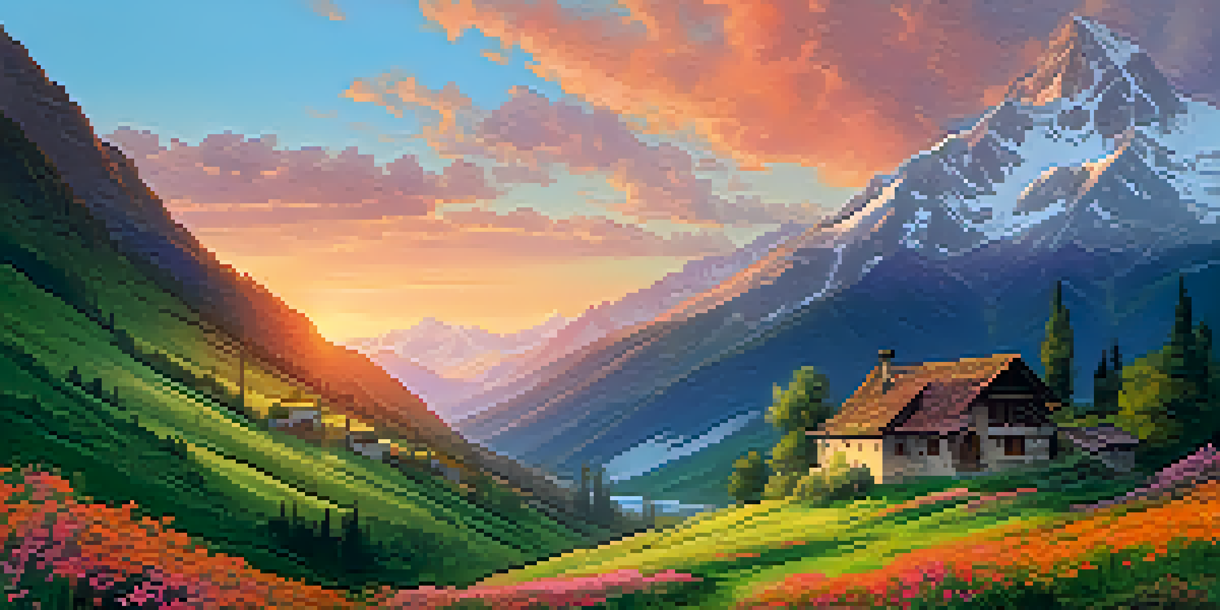 A scenic sunset view of the Caucasus Mountains with a traditional Georgian house in a lush green valley.