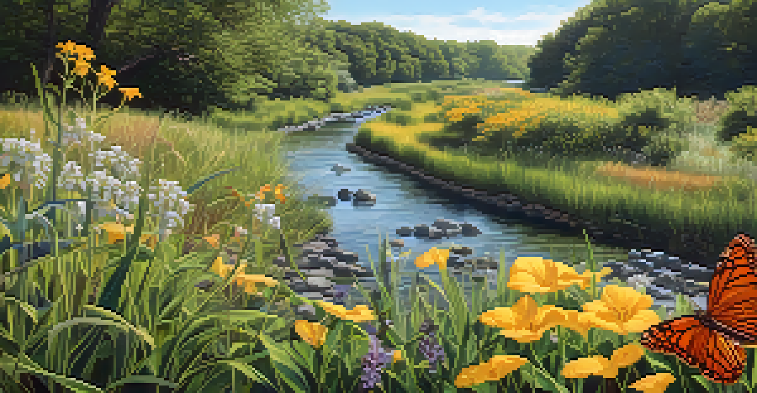 A detailed view of a riparian zone with native plants and wildlife.