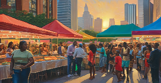 A lively community event in Atlanta with diverse people smiling and interacting against a backdrop of modern skyscrapers during sunset.