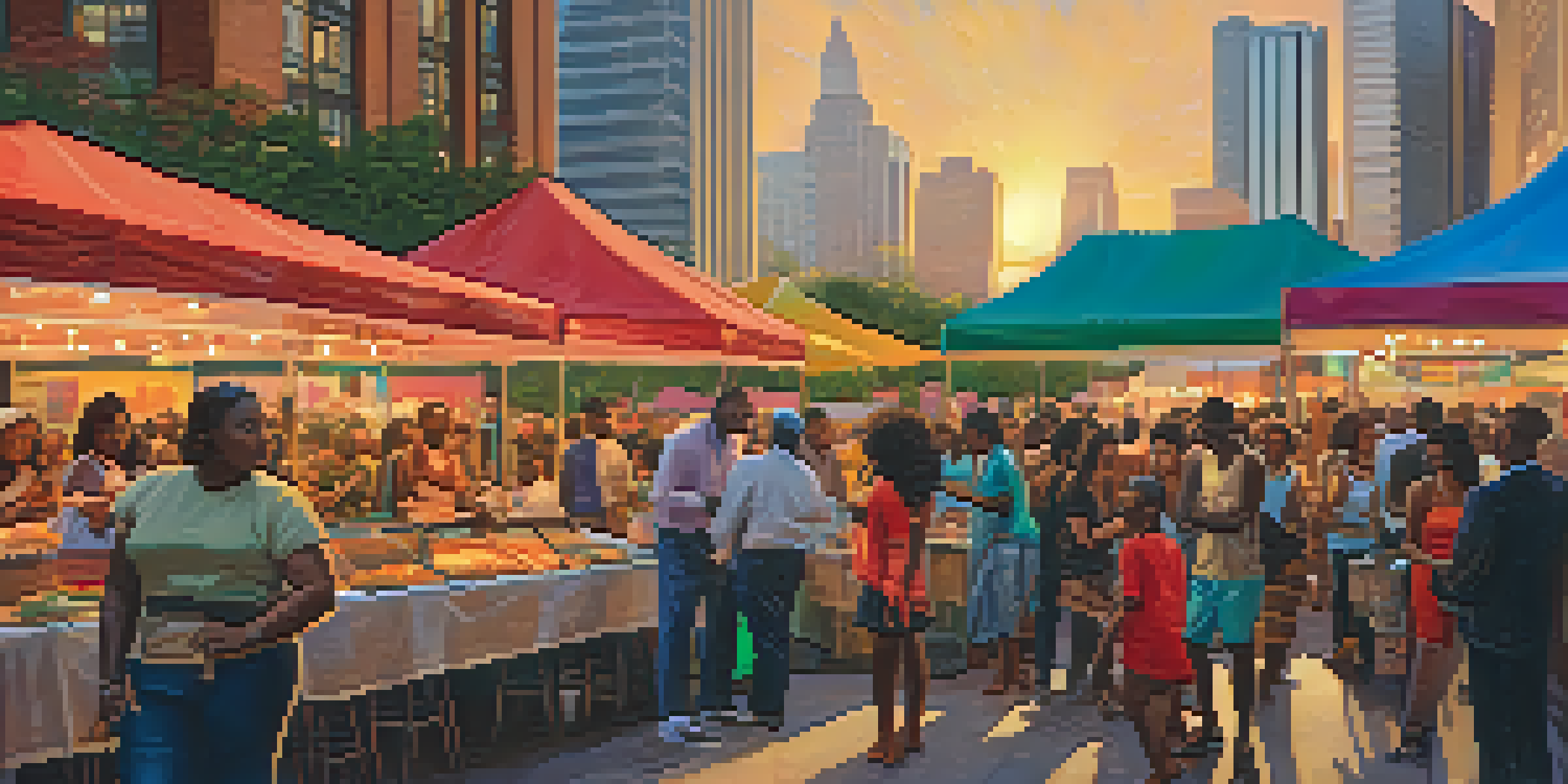 A lively community event in Atlanta with diverse people smiling and interacting against a backdrop of modern skyscrapers during sunset.