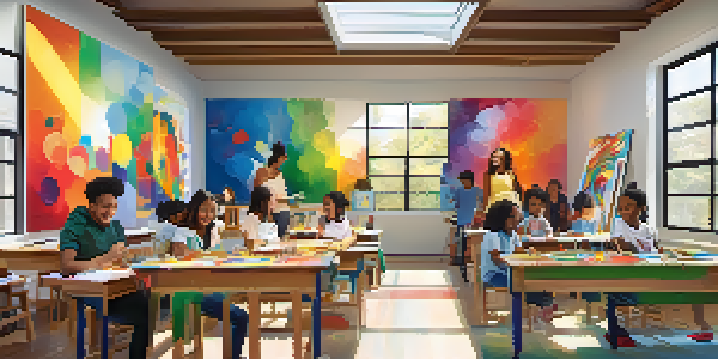 A lively art classroom with diverse students painting, bright sunlight illuminating the colorful walls and artwork, showcasing individuality and creativity.
