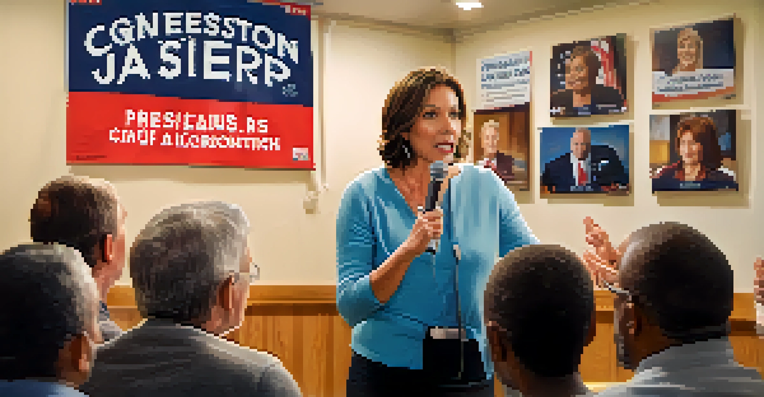 A local candidate passionately addressing constituents in a community center, with attentive listeners and a campaign poster in the background.