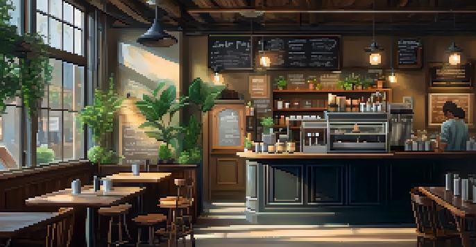 A warm and inviting small café with wooden furniture and sunlight streaming through the windows.