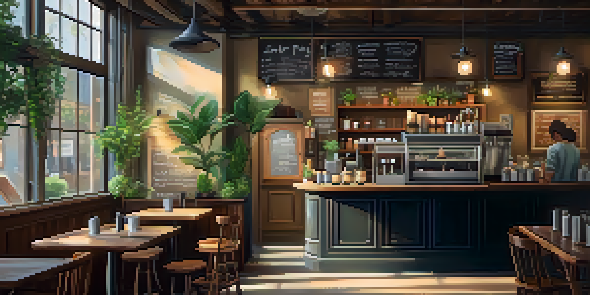 A warm and inviting small café with wooden furniture and sunlight streaming through the windows.