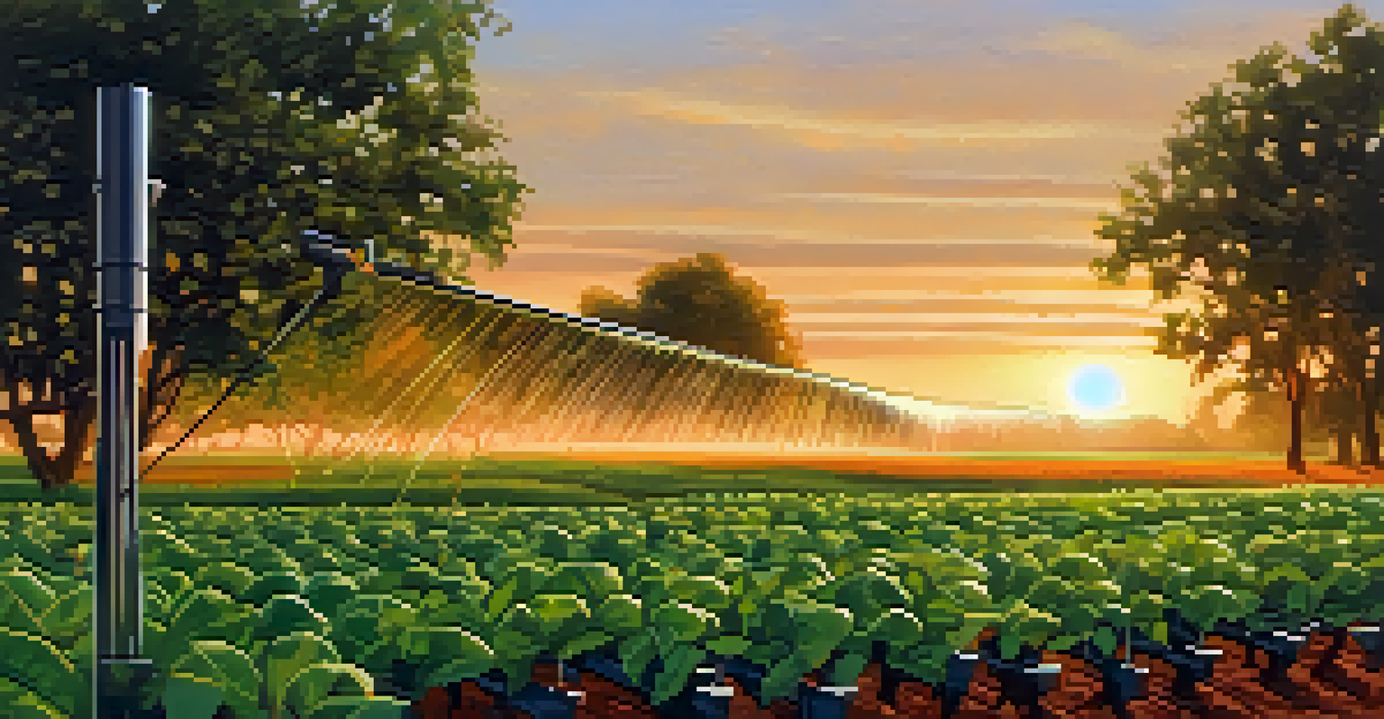Drip irrigation system on a farm with healthy crops and a sunset in the background.