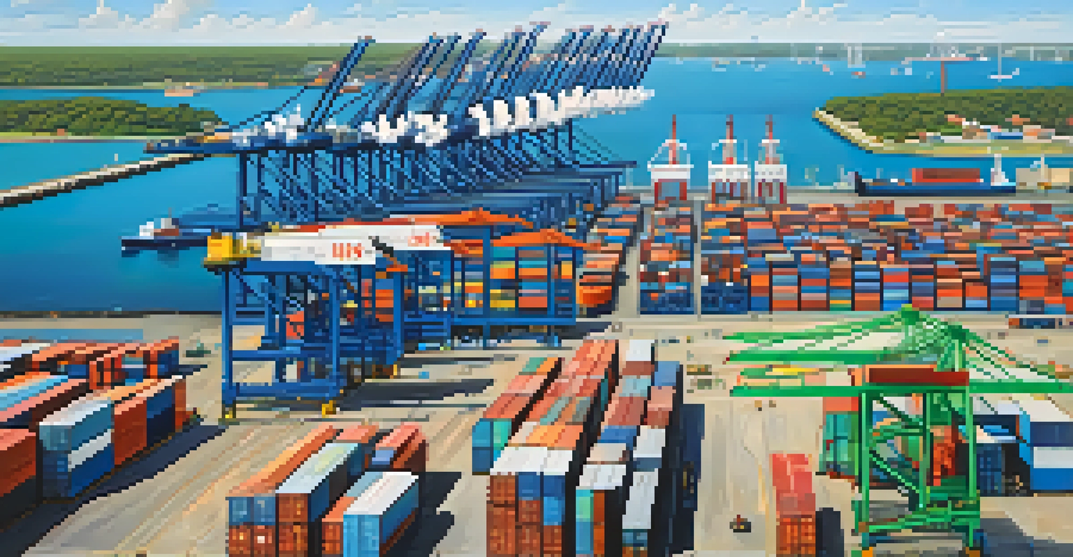 Aerial view of the Port of Savannah with ships and cranes, illustrating a busy transportation hub.