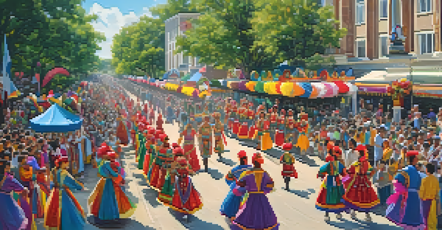 A cultural festival in Georgia with traditional dancers, colorful floats, and art displays in a park setting.