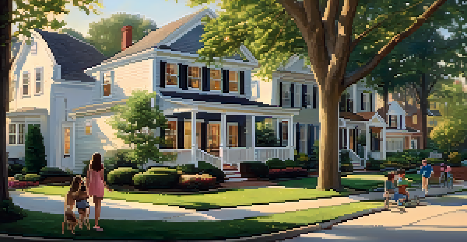 A quiet suburban neighborhood in Georgia with family homes, gardens, and children playing, bathed in warm evening light.