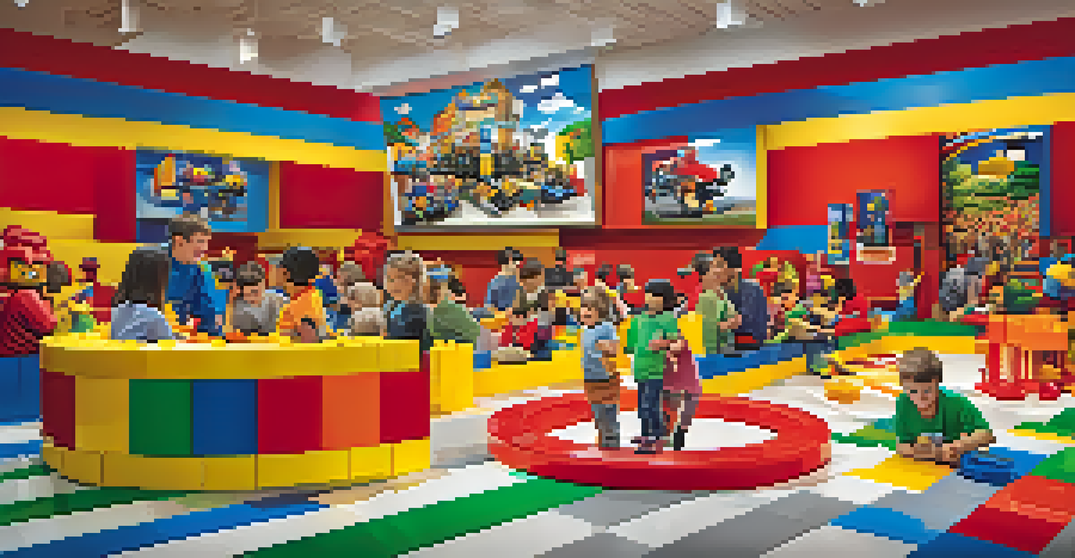 Children playing with LEGO bricks in the LEGOLAND Discovery Center, with a vibrant play area and a 4D cinema experience in the background.