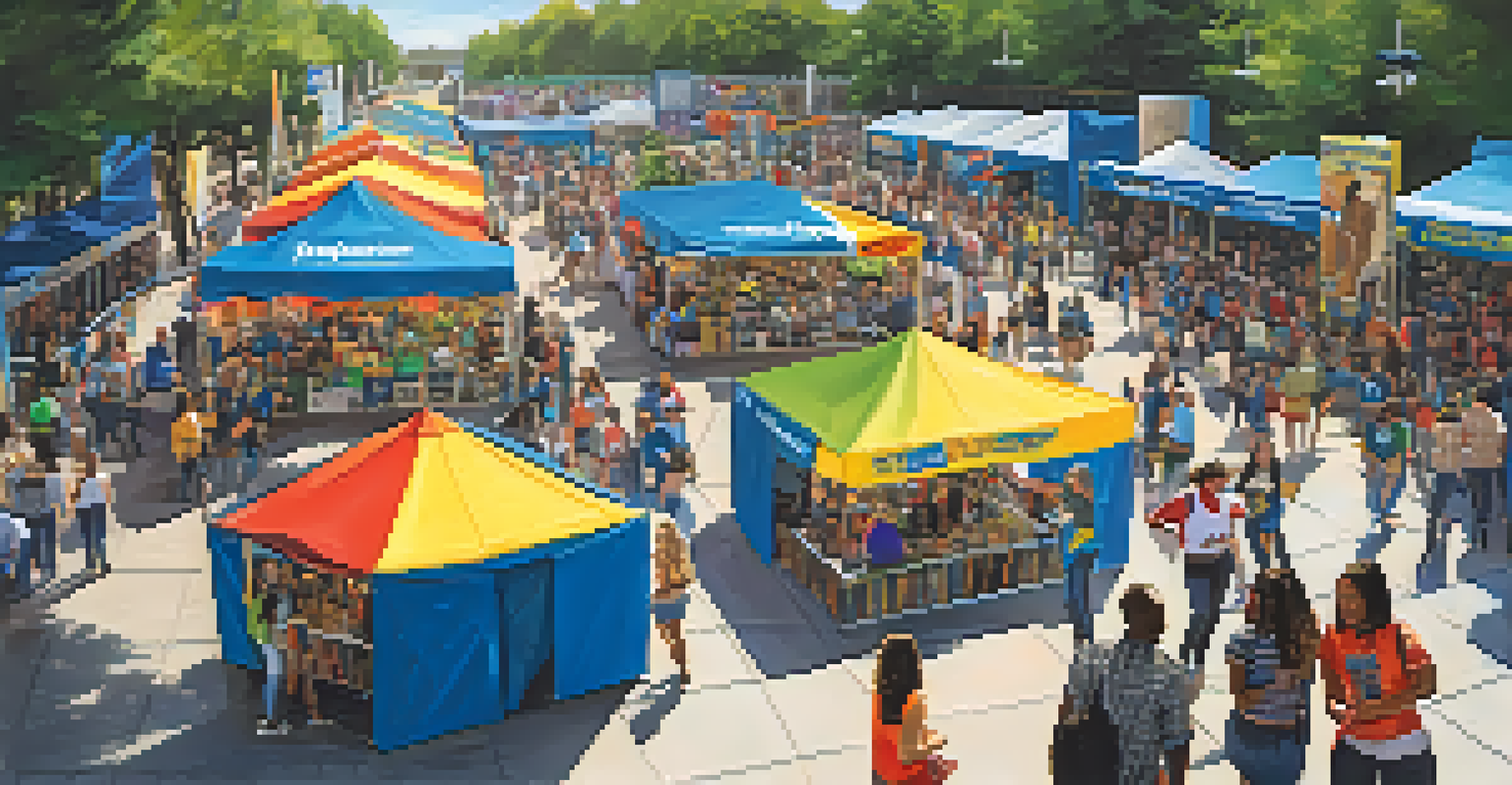 A vibrant student organization fair at Georgia State University with booths representing various clubs, students interacting, and a lively atmosphere.