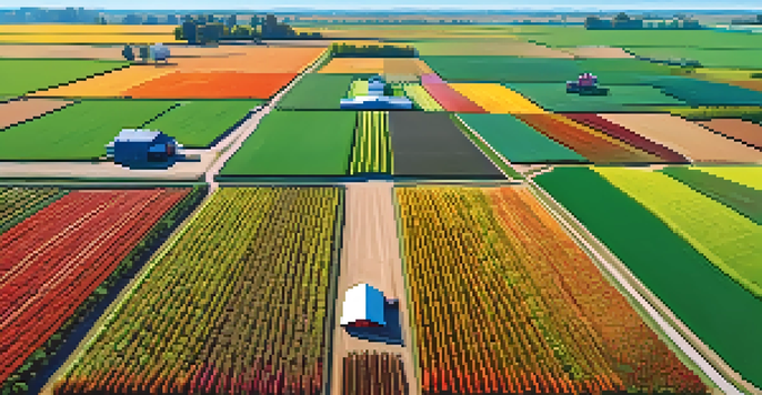 Aerial view of a modern farm in Georgia with precision farming techniques, showcasing green fields, GPS irrigation, colorful crops, and drones in the sky.