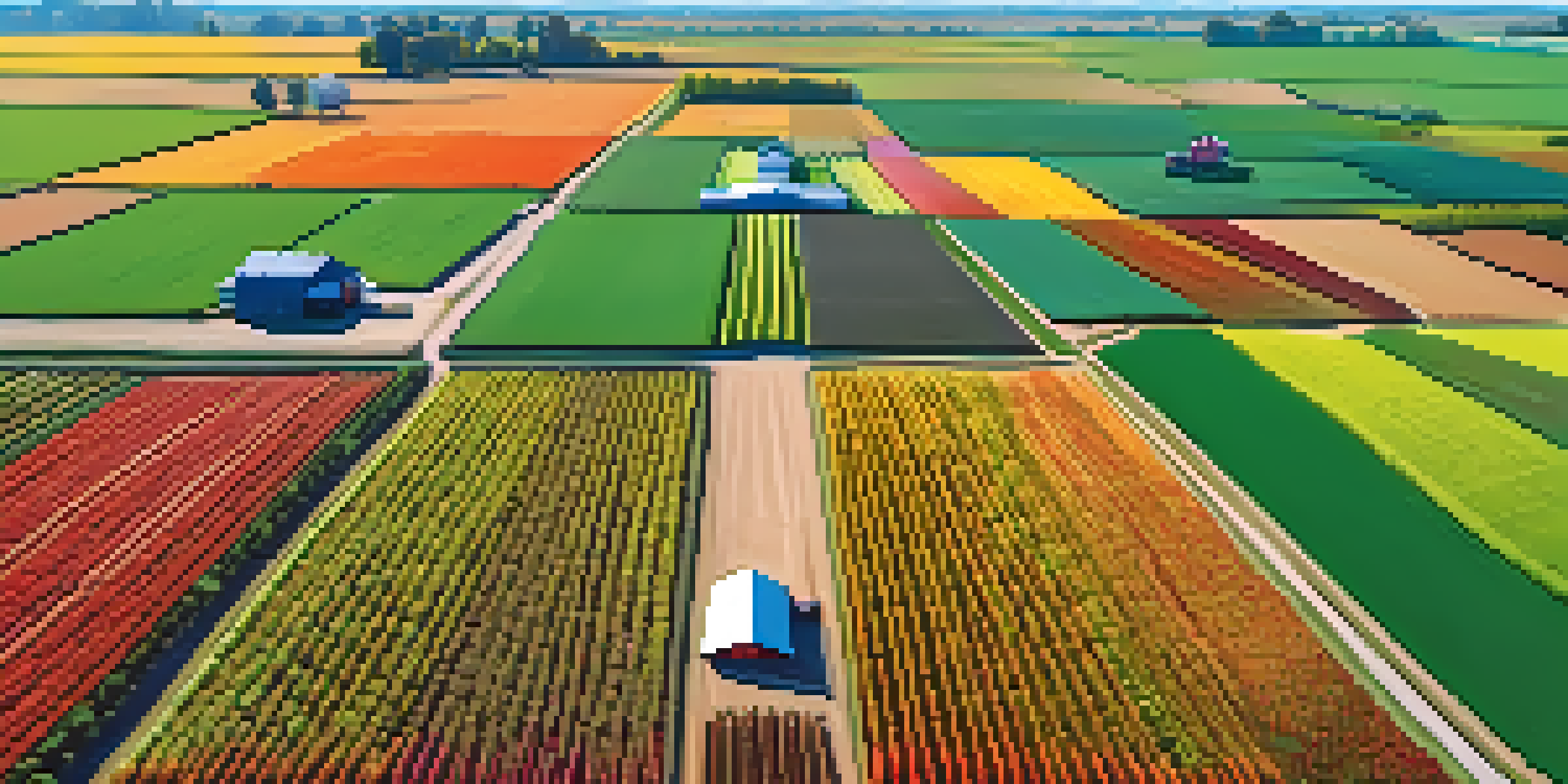 Aerial view of a modern farm in Georgia with precision farming techniques, showcasing green fields, GPS irrigation, colorful crops, and drones in the sky.