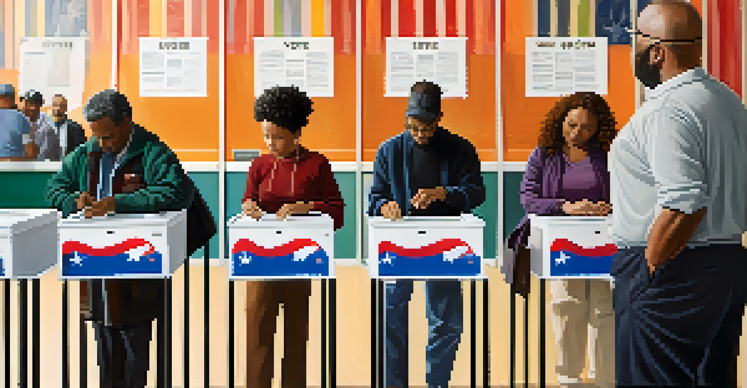 A voter casting their ballot at a polling station, with a focus on the voting booth and a line of diverse voters in the background.