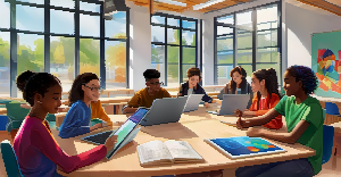 A diverse group of students collaborating on an e-learning project in a bright, modern classroom with laptops and tablets.